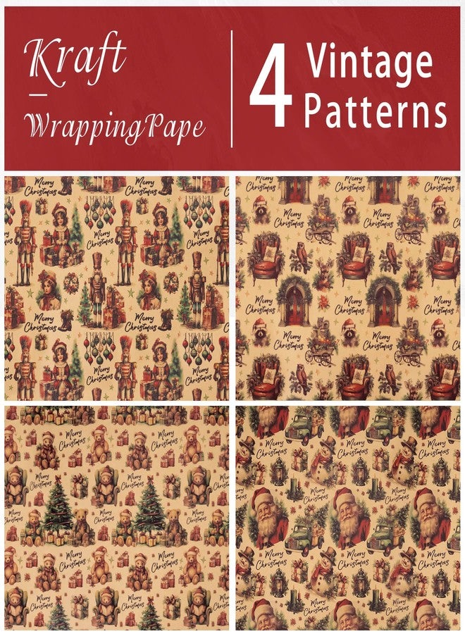 Rancco Vintage Christmas Wrapping Paper, kraft Wrapping Paper for Holiday New Year, Xmas Wrap Paper with Nutcracker, Santa Claus, Bear, Truck, Country Scene Designs - 4PC, 19.69''X27.56'' - Image 5